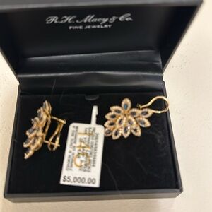 Effy 14 kt blue sapphire, and diamond leaf earrings